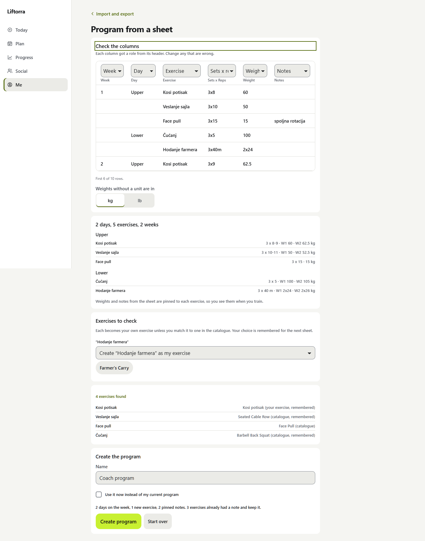 The import screen at the column check: each column with its role, the days as they were read, and the exercise names to check.